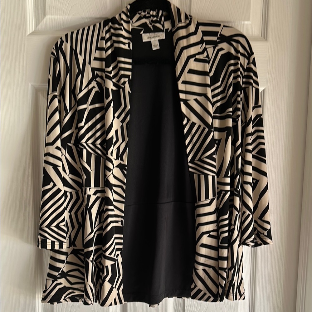 Dressbarn Black and Cream Geometric Open Drape Jacket